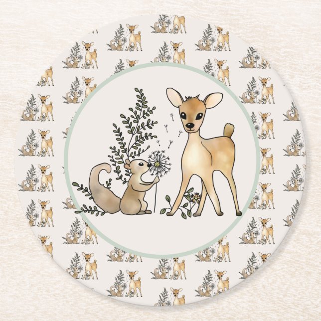 deer and squirrel  round paper coaster (Front)