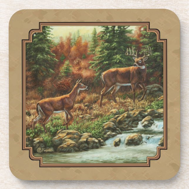 Deer and Stream Waterfall Tan Coaster (Front)