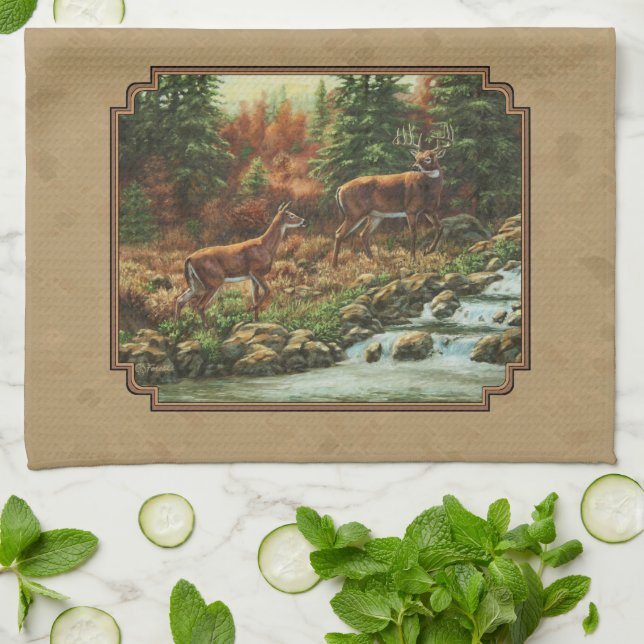 Deer and Stream Waterfall Tan Kitchen Towel (Folded)
