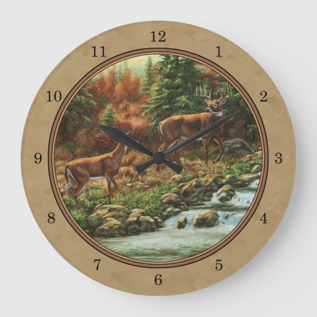 Deer and Stream Waterfall Tan Large Clock (Front)