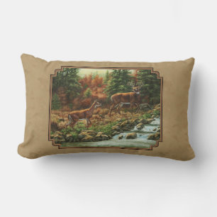 Deer and Stream Waterfall Tan Lumbar Pillow