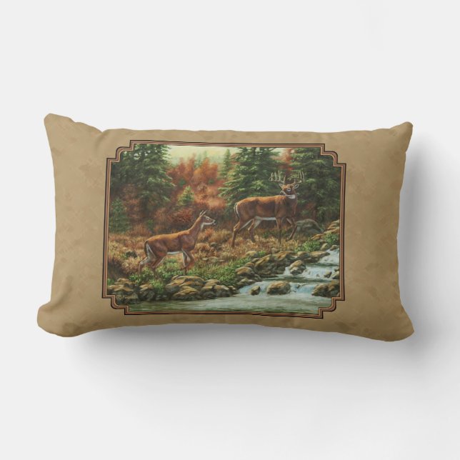 Deer and Stream Waterfall Tan Lumbar Pillow (Front)