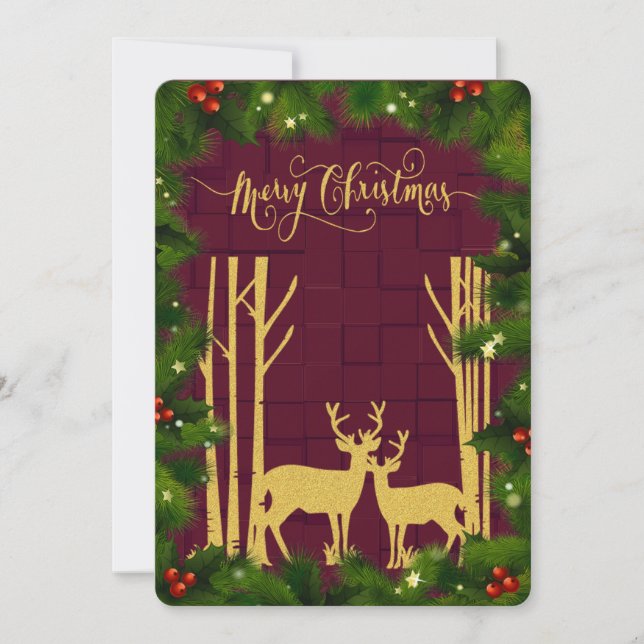 Deer and Trees in Gold Glitter Christmas Flat Card (Front)