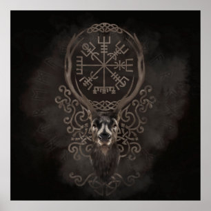 Deer and Vegvisir - Viking Navigation Compass Poster