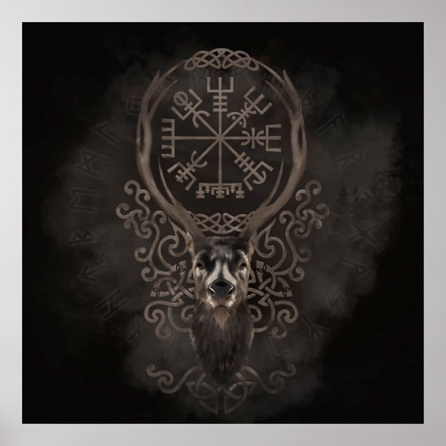 Deer and Vegvisir - Viking  Navigation Compass Poster (Front)