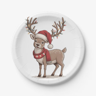 Deer Animal Christmas Deer Santa Hat Xmas Paper Plate