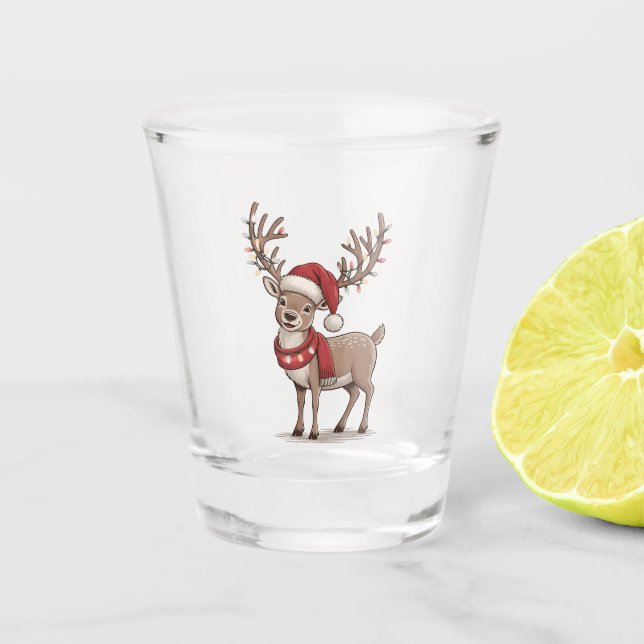 Deer Animal Christmas Deer Santa Hat Xmas  Shot Glass (Front)