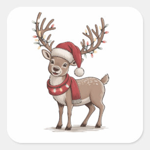 Deer Animal Christmas Deer Santa Hat Xmas  Square Sticker