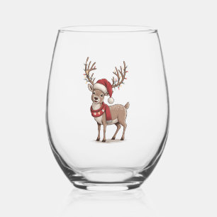 Deer Animal Christmas Deer Santa Hat Xmas  Stemless Wine Glass