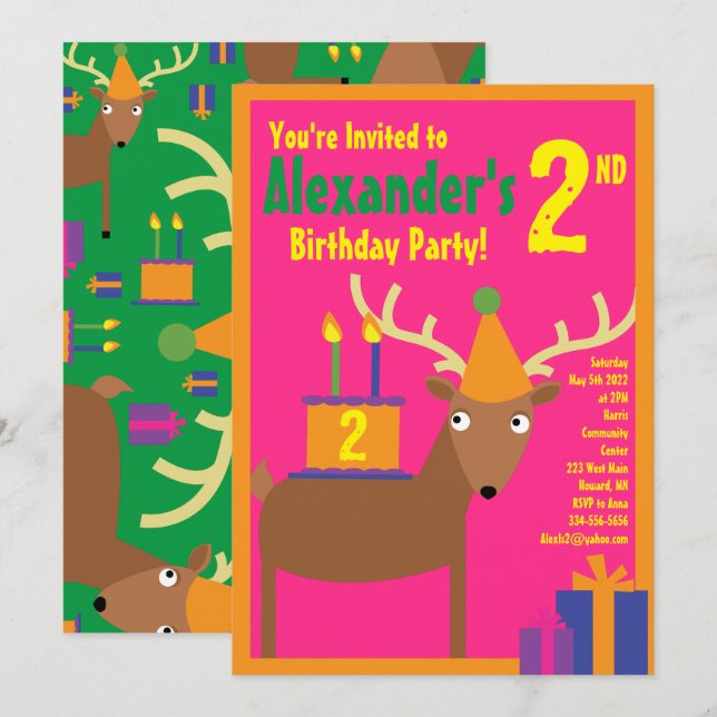 Deer Animal Kid's Birthday Party Invitations (Front/Back)