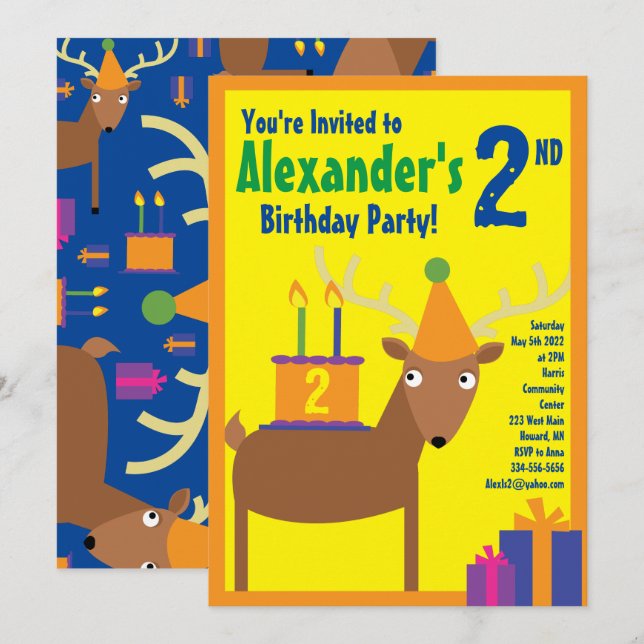 Deer Animal Kid's Birthday Party Invitations (Front/Back)