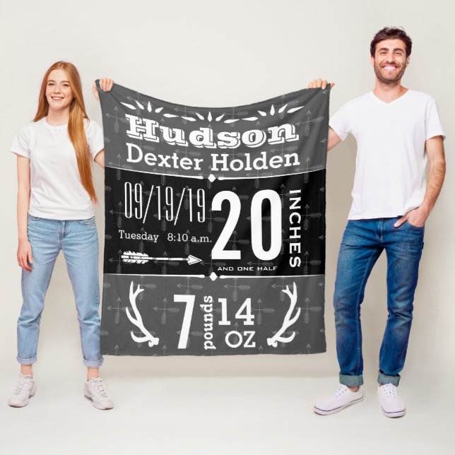 Deer Antler Arrow Any Colour Baby Birth Stats Fleece Blanket (In Situ)
