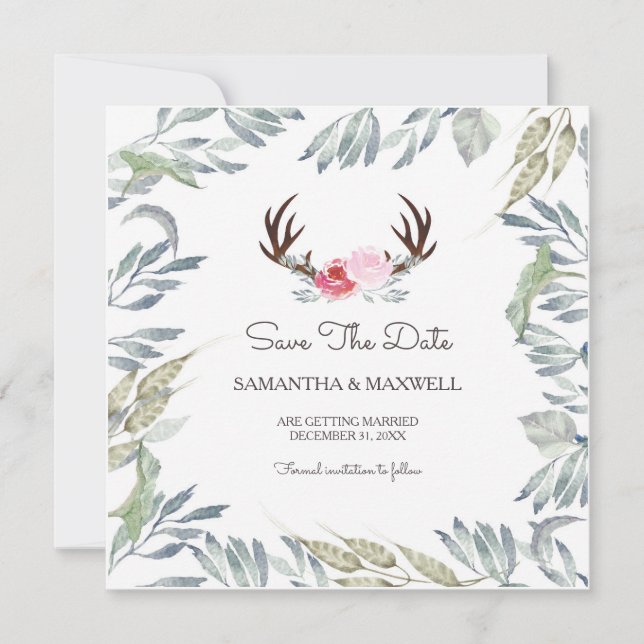 DEER ANTLER & Greenery Save The Date - Square (Front)