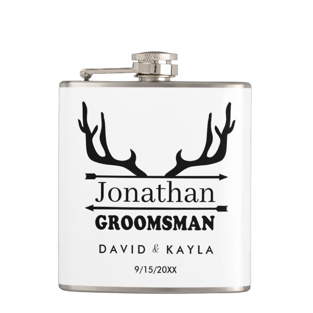 Deer Antler Groomsman Custom Name Hip Flask (Front)