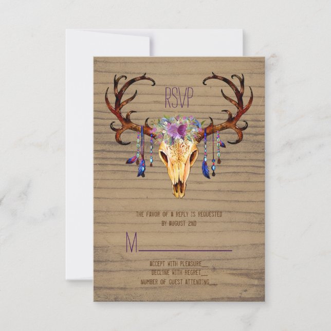 Deer Antler Skull Rustic Country Wedding RSVP (Front)