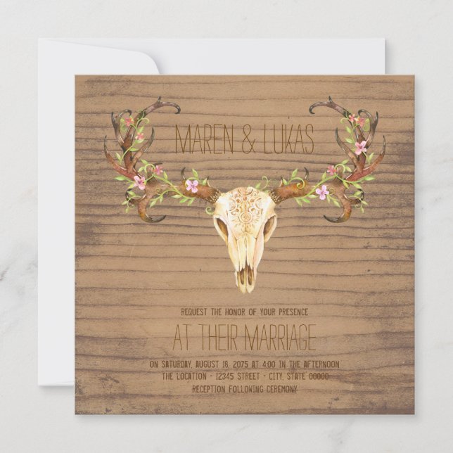 Deer Antler Skull Southwestern Wedding Invitation (Front)