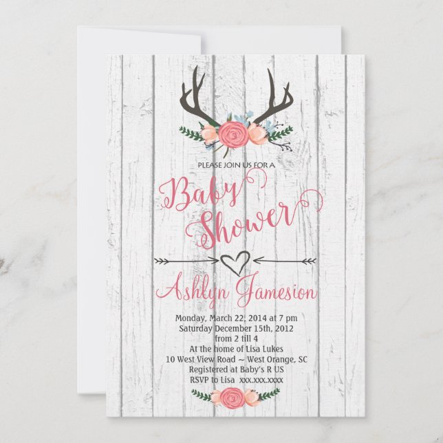Deer Antler white wood Baby Shower Invitation (Front)