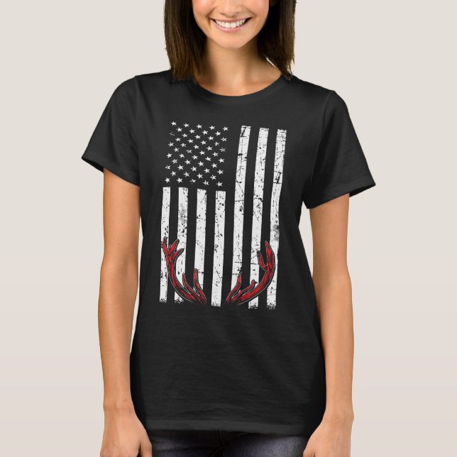 Deer Antlers American Flag Usa Hunting Fishing  T-Shirt (Front)