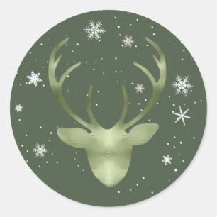 Deer Antlers and Snowflakes V2 Green ID861 Classic Round Sticker