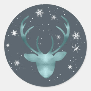 Deer Antlers and Snowflakes V2 Teal ID861 Classic Round Sticker