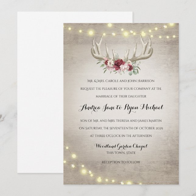 Deer Antlers and String Lights Rustic Wedding Invitation (Front/Back)