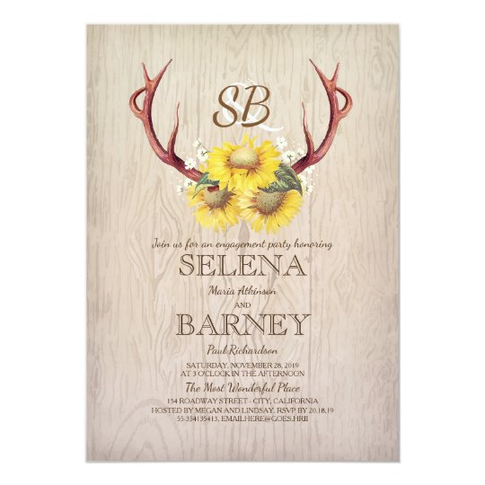 Deer Antlers and Sunflower Rustic Engagement Party Card