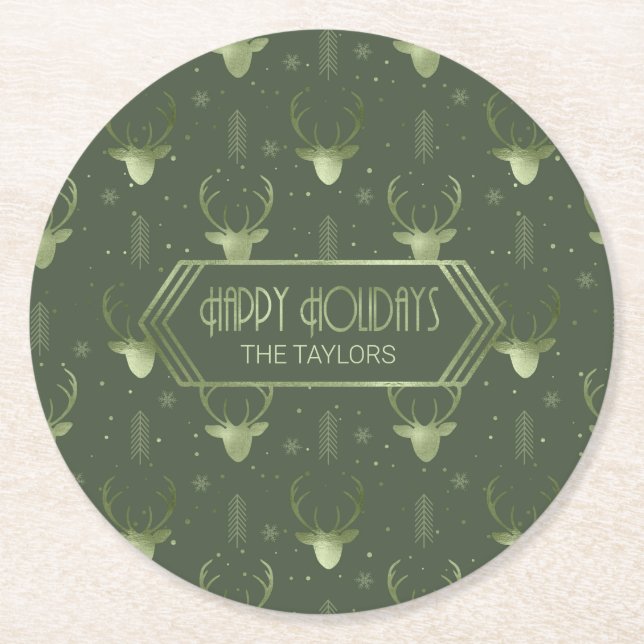 Deer Antlers Arrows Christmas Pattern Green ID861 Round Paper Coaster (Front)
