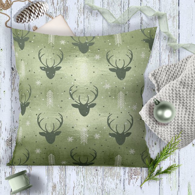 Deer Antlers Arrows Christmas Pattern Green ID861 Throw Pillow (Creator Uploaded)