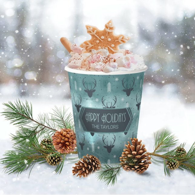 Deer Antlers Arrows Christmas Pattern Teal ID861  Paper Cups (Creator Uploaded)