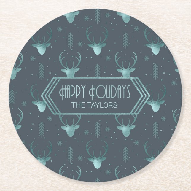 Deer Antlers Arrows Christmas Pattern Teal ID861 Round Paper Coaster (Front)