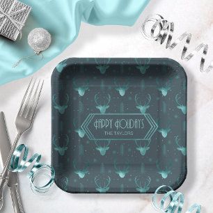 Deer Antlers Arrows Pattern V2 Teal ID861  Paper Plate
