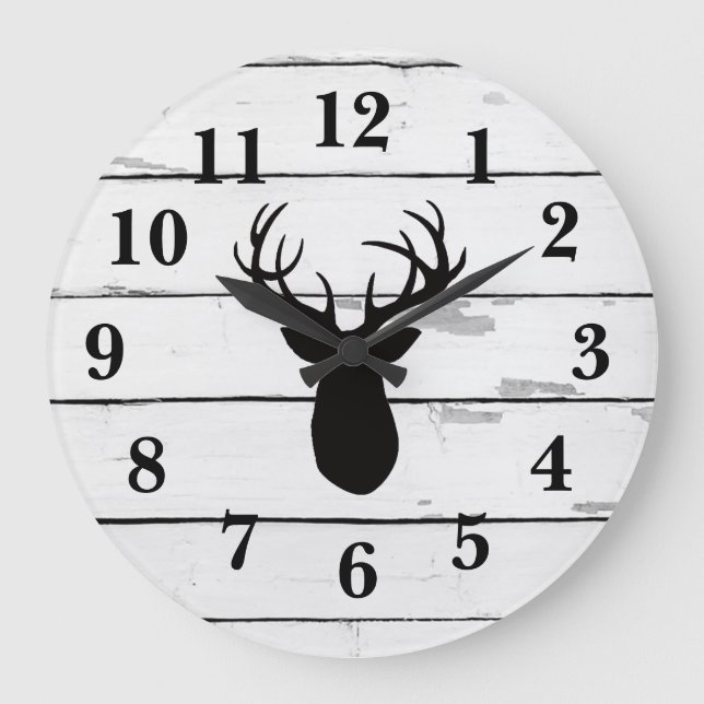 Deer Antlers Black Silhouette Shiplap Rustic Decor Large Clock (Front)