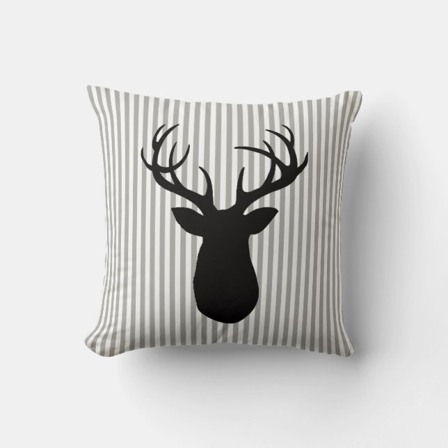 Deer Antlers Grey and White Stripe Throw Pillow (Front)