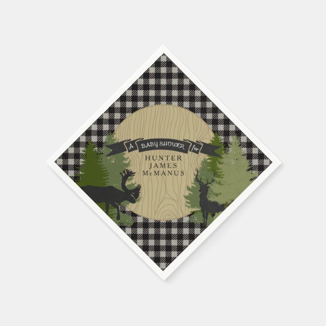 Deer Antlers Lumberjack Check Baby Boy Shower Napkin (Corner)