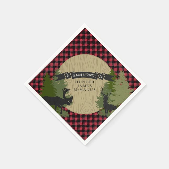 Deer Antlers Lumberjack Plaid Baby Boy Shower Napkin (Corner)
