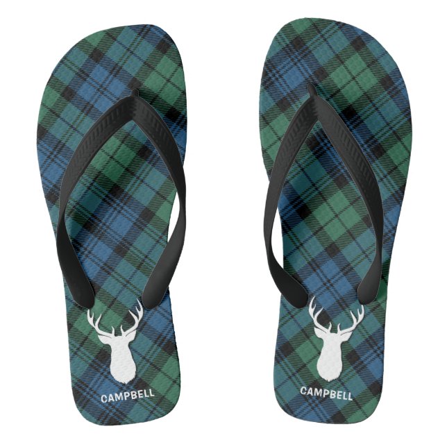 Deer Antlers Personalized Tartan Plaid Green Black Flip Flops (Footbed)