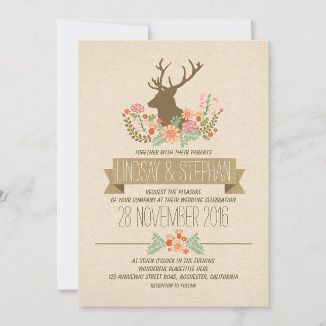 Deer antlers romantic rustic wedding invitations (Front)