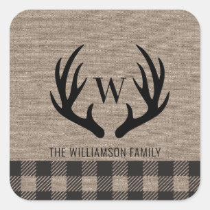 Deer Antlers Rustic Burlap Family Name  Square Sticker