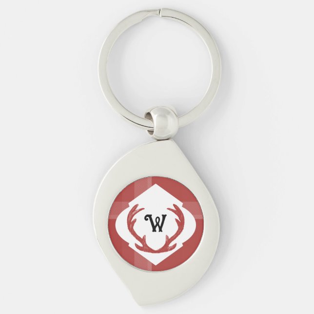 Deer Antlers Rustic Minimal Monogram Burgundy Keychain (Front)
