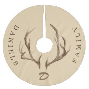 Deer antlers rustic monogrammed family name beige brushed polyester tree skirt