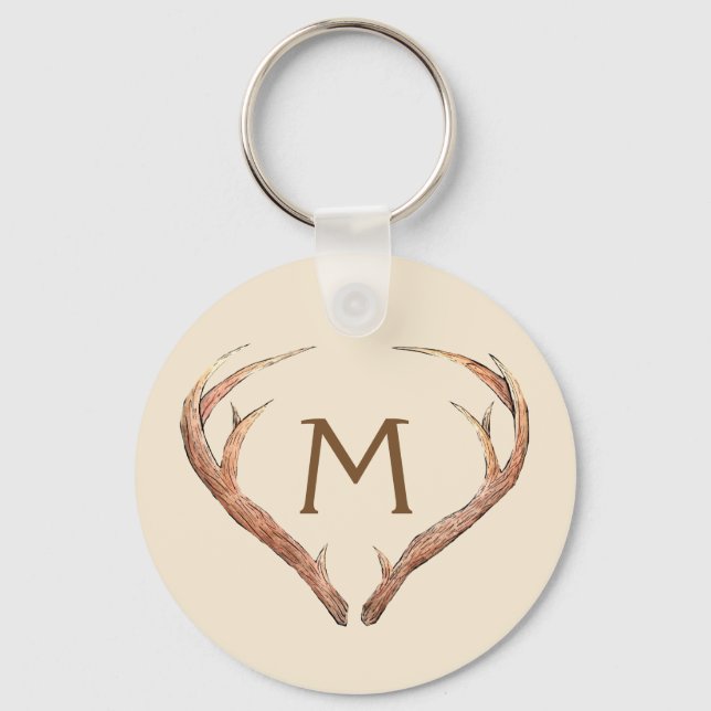 Deer Antlers Safari Custom Monogram Beige Keychain (Front)