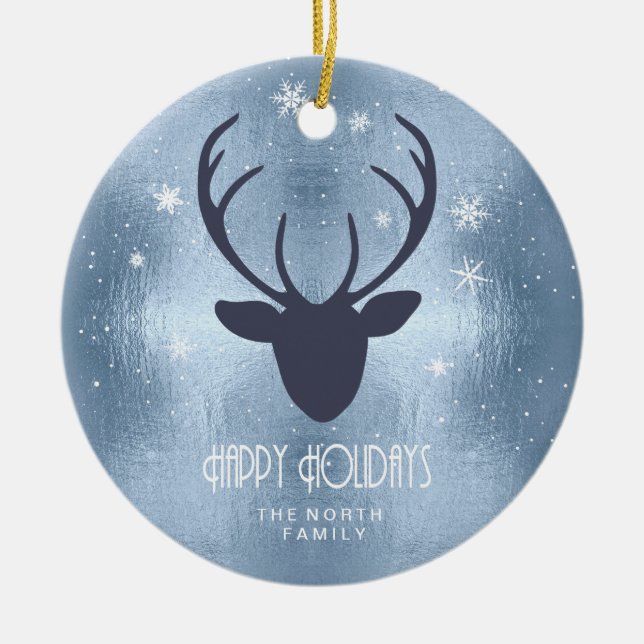 Deer Antlers Silhouette & Snowflakes Blue ID861 Ceramic Ornament (Front)