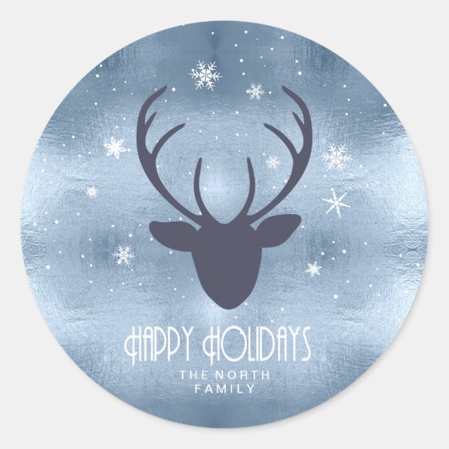 Deer Antlers Silhouette & Snowflakes Blue ID861 Classic Round Sticker (Front)