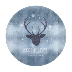 Deer Antlers Silhouette & Snowflakes Blue ID861 Cutting Board