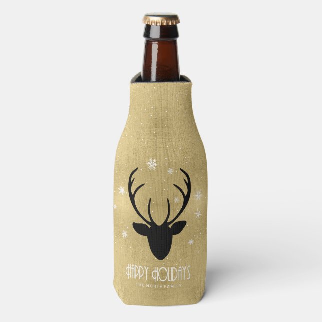 Deer Antlers Silhouette & Snowflakes Gold ID861  Bottle Cooler (Bottle Front)