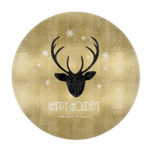 Deer Antlers Silhouette & Snowflakes Gold ID861 Cutting Board