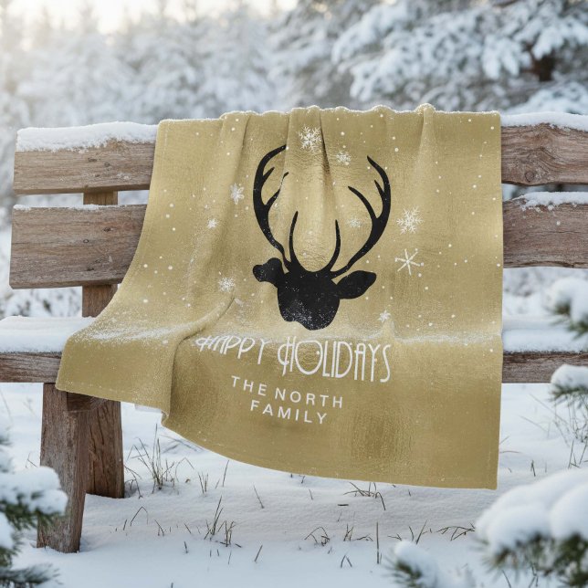 Deer Antlers Silhouette & Snowflakes Gold ID861 Fleece Blanket (Creator Uploaded)