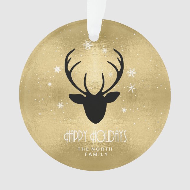 Deer Antlers Silhouette & Snowflakes Gold ID861 Ornament (Front)