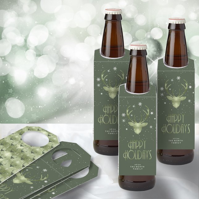 Deer Antlers Silhouette & Snowflakes Green ID861 Bottle Tag (Front/Back In Situ)