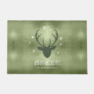 Deer Antlers Silhouette & Snowflakes Green ID861 Doormat